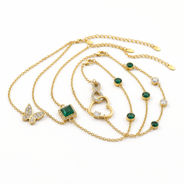 Conjunto de Pulseiras com Coração de Cristal Verde